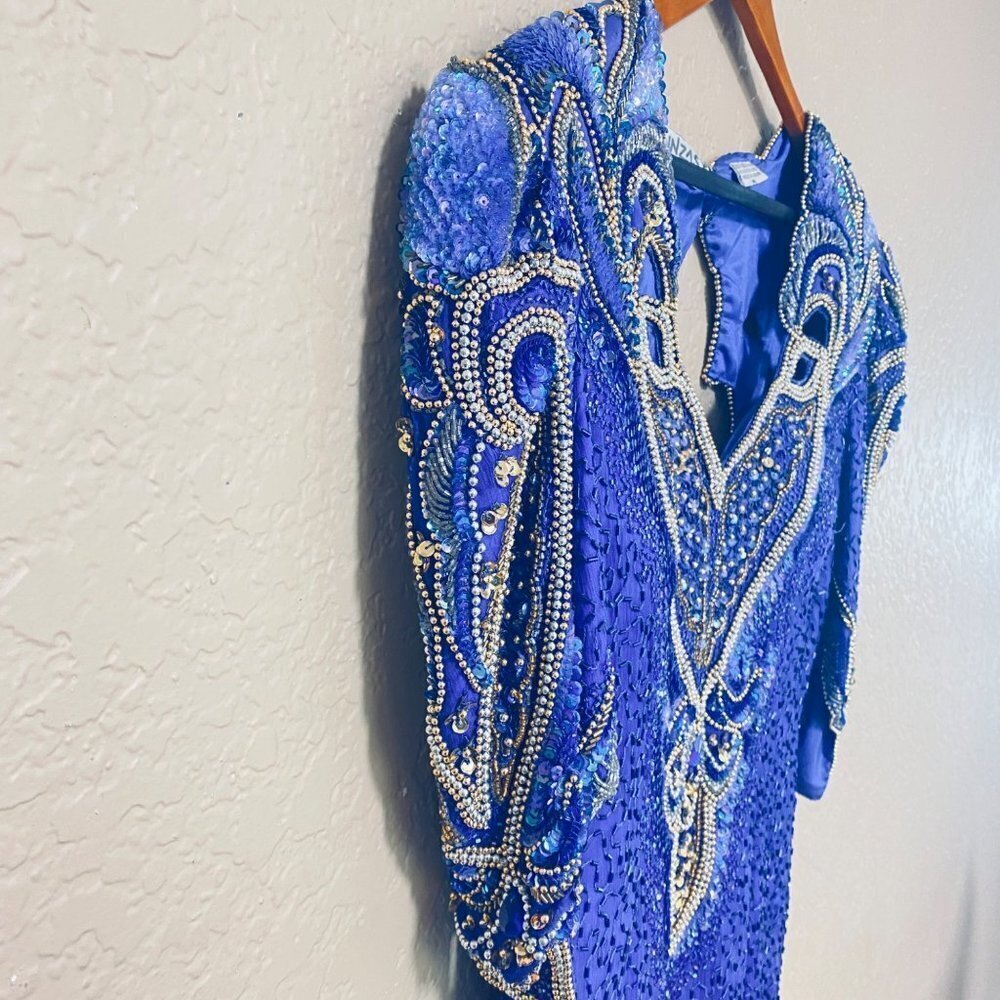 Linzas Vintage Y2K Straight Dress Gown Size Medium Blue Silk Sequined - Picture 9 of 10